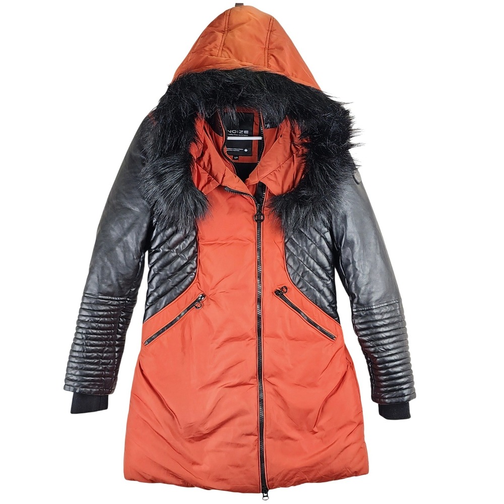 Noize Puffer Parka Women S Orange Black Faux Leather Moto Hooded Gorpcore